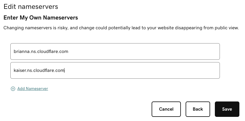 GoDaddy&#39;s dialog to configure the nameservers